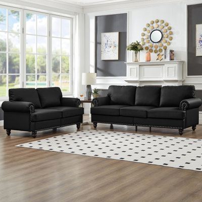 Cuir noir - look 2 + 3 places et, style classique avec clous ronds argentés, assemblage facile, housses de coussin amovibles en cuir de vache moderne, sièges confortables décorés, structure en bois massif, coussins