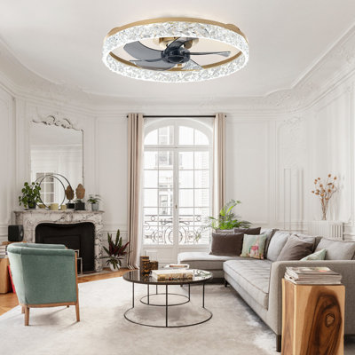 Ventilateur de plafond extra-plat Depuley 50 cm avec éclairage, silencieux, application et télécommande, DEL 3 CCT à intensité variable, montage encastré pour chambre, couleur or
