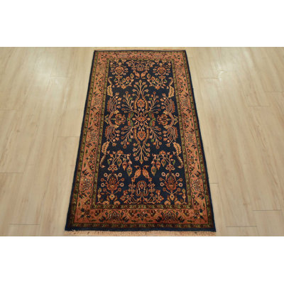 Tapis traditionnel noué à la main en laine fine bleu Sarouk 2 pi 11 po x 5 pi 3 po
