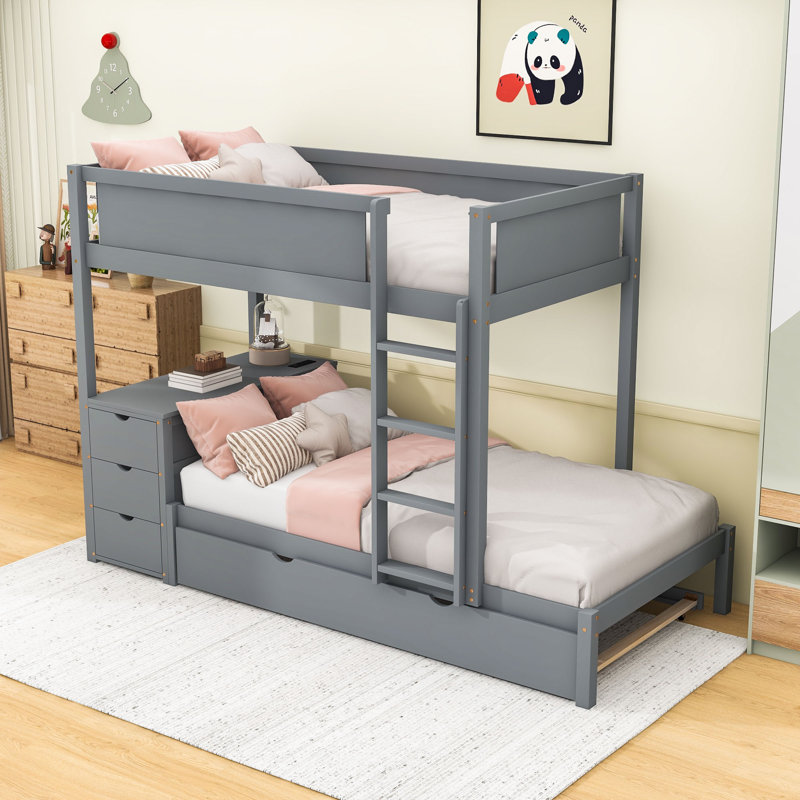 Bunk Bed With Twin Trundle, USB Outlets And Storage Drawers,Shelves, Gray, Twin Over Twin