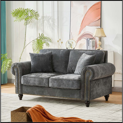 63 Inch Modern 2-Seater Chenille Upholstered Sofa with Rolled Arms and Wood Legs, Perfect for Living Rooms and Apartments