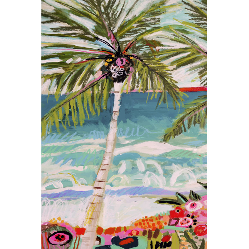 Palm Tree Wimsy I by Karen Fields - Painting, 91cm H x 61cm W, Black Floater Framed