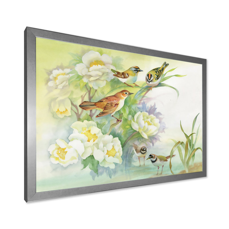 Fleurs et oiseaux dans un paysage rustique - Peinture sur toile encadrée, H 12 po x l 20 po x p 1 po, Encadrement argenté