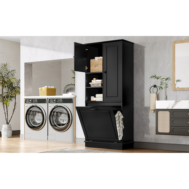 Tall Storage Cabinet With Adjustable Shelves, Large Flip-Out Basket & Enclosed Cabinets – Perfect For Bathroom, Living Room, Or Office, MDF Material With Aluminum Alloy Handles