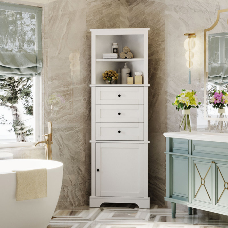 Triangle Tall Cabinet With 3 Drawers And Adjustable Shelves For Bathroom, Kitchen Or Living Room, MDF Board With Painted Finish