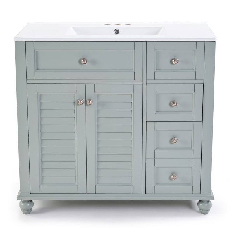 Meuble-lavabo bleu gris 36 po avec lavabo en céramique - Tiroirs à fermeture en douceur, structure en bois massif, rangement multi-organisateur, 92 x 47 x 86 cm