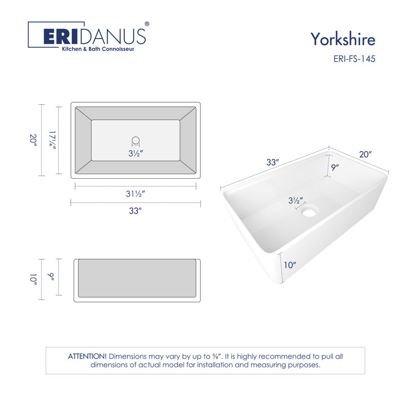 Yorkshire 33" L x 20" W Fireclay Single Bowl Farmhouse Kitchen Sink Workstation With Accessories