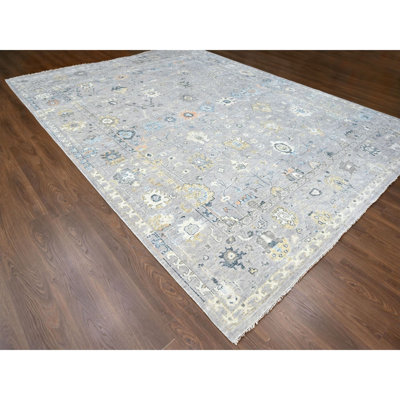 Tapis oriental surdimensionné gris moyen 11 pi 6 po x 15 pi, de conception Oushak, collection souple, en laine biologique, noué à la main, doux et moelleux