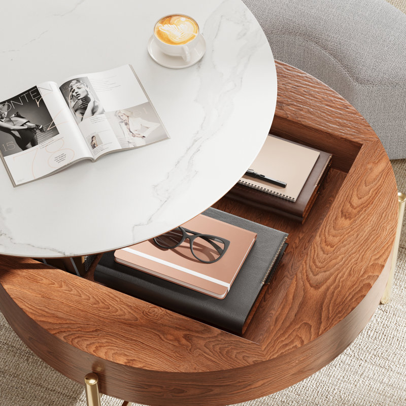  Round Lift Top Coffee Table With Storage, Nesting Table With 3 Stools & Stainless Steel Legs, Light Gray