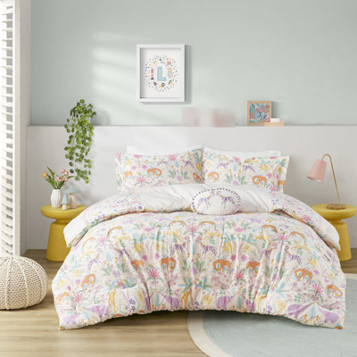 4 pièces d'édredon en coton réversible mauve / grand avec imprimé tigre et éléphant jungle - tissu lavable à la machine
