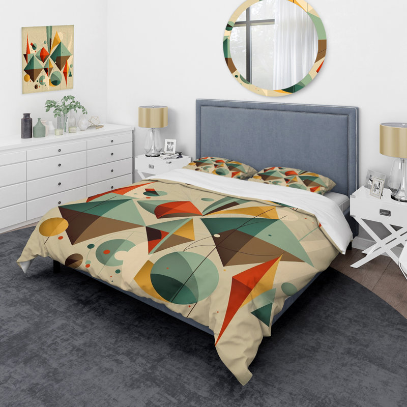 Natural Tones Grey And Beige Mosaic Geometric Shapes Duvet Cover, King Duvet Cover + 2 King Shams, Geometric