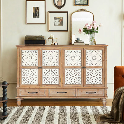 59.06" Chic Natural Wood Accent Cabinet, 4 Doord 3 Drawers Sideboard Buffet With Adjustable Shelves, Stylish Storage For Living Room, Kitchen, And Dining, Easy Assembly, Durable MDF