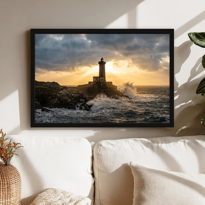 Art mural sur toile noir encadré pour le salon, la chambre à coucher, le bureau ou le vestibule - décoration murale décorative avec coucher de soleil phare
