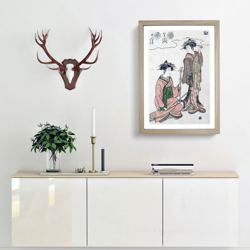 Two Geisha by Isoda Koryusai - Framed Print, 36cm H x 27cm W x 2cm D, Oak Framed