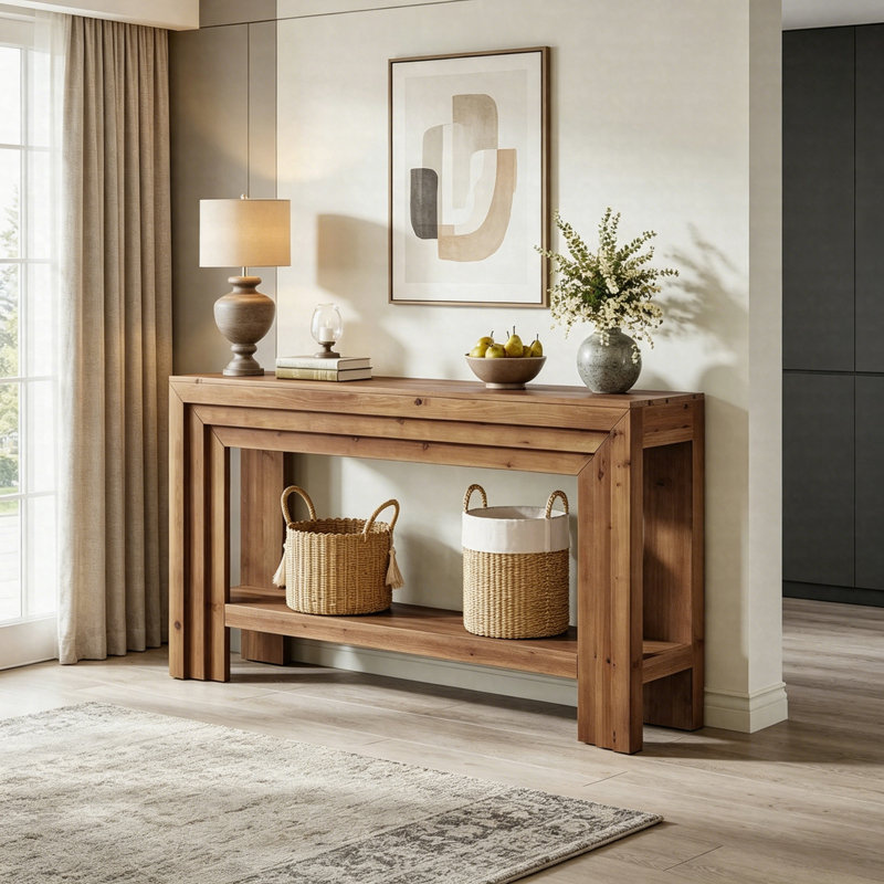 63" Solid Wood Console Table, 2-Tier Farmhouse Entryway Sofa Table With Dimensional Linear Frame, Hallway Table