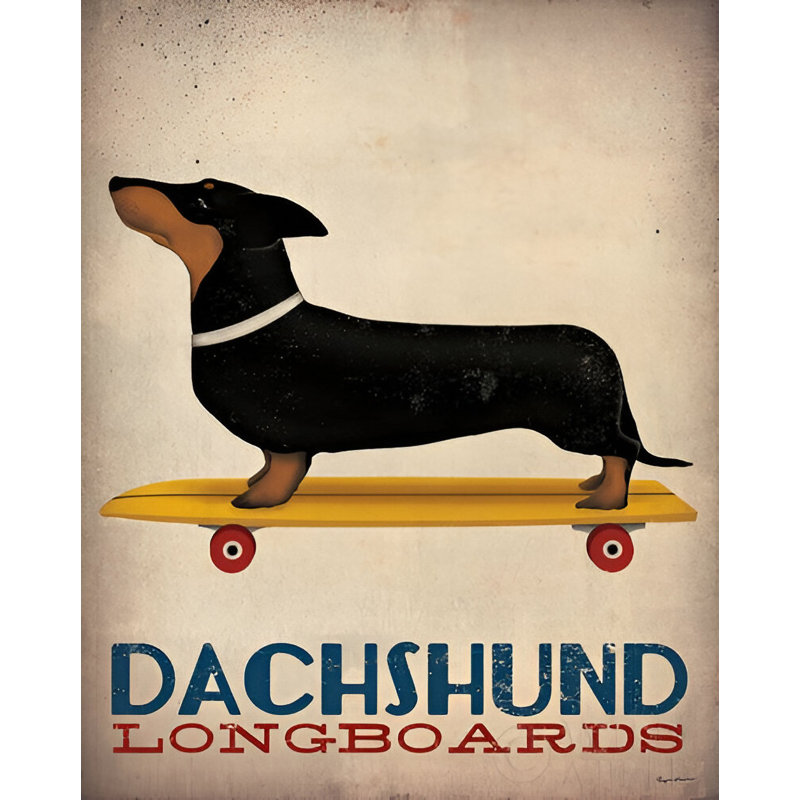 «Dachshund Longboard» par Ryan Fowler, reproduction d'art sur toile tendue, H 12 po x l 18 po