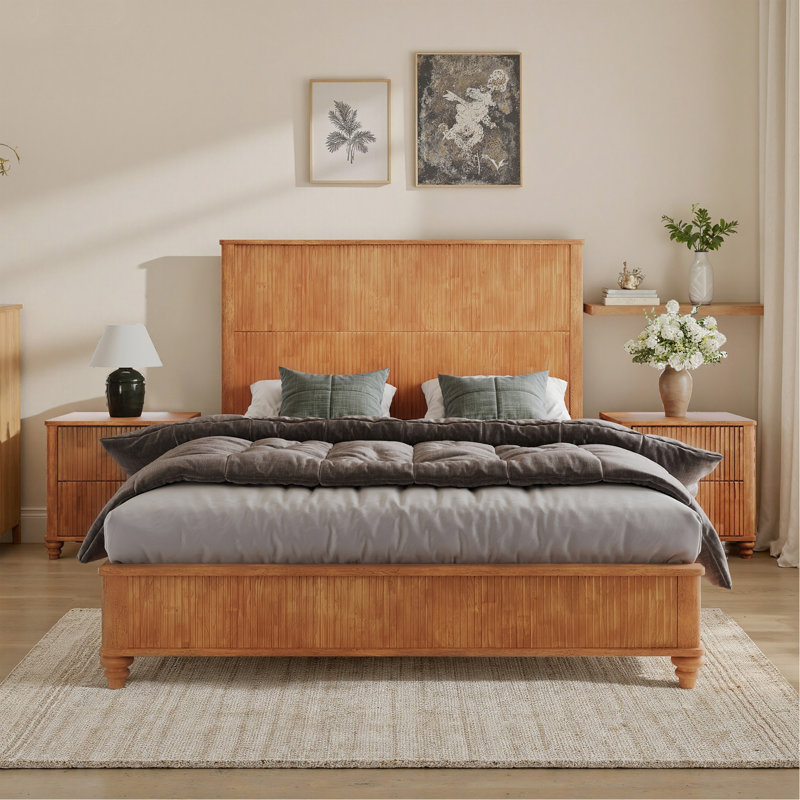 Base de lit en bois massif, cadre de lit plateforme grand avec tête de lit, tête de lit haute en bois naturel, aucun sommier requis, naturel