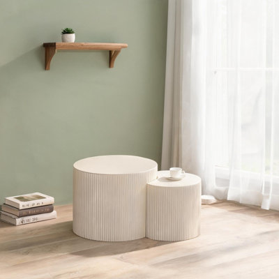 Table basse 33,86 po en panneau de fibres à densité moyenne avec relief fabriqué à la main, beige et blanc, sans assemblage