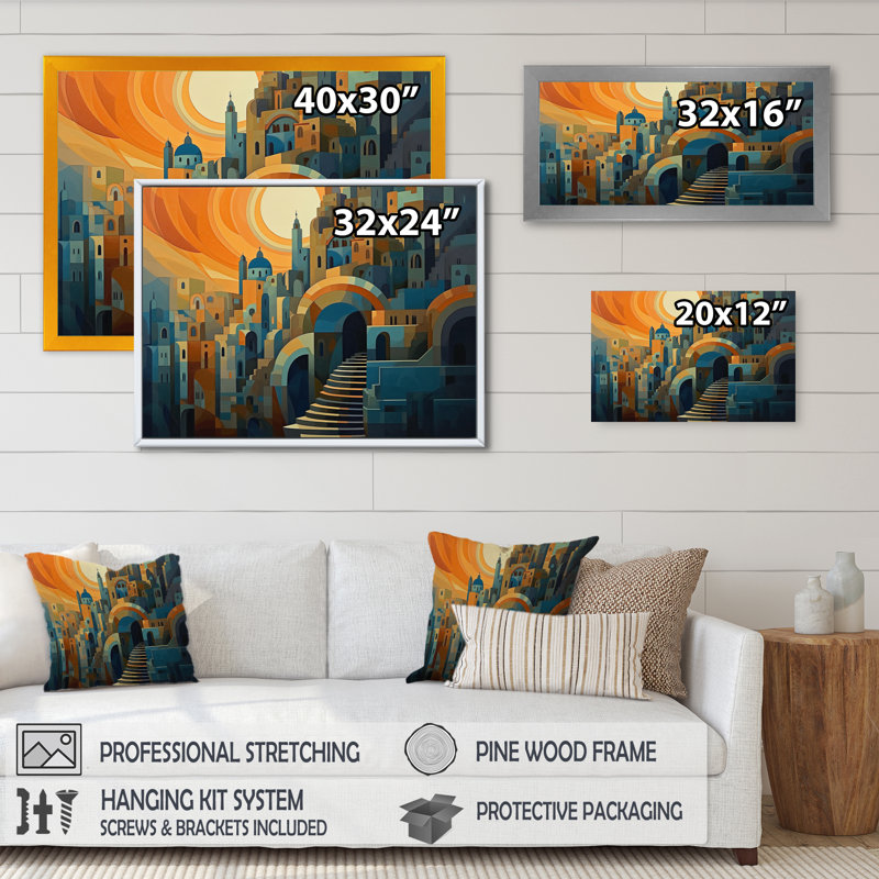 «Yellow and Blue Retro Radiance», reproduction sur toile encadrée, H 12 po x l 20 po x P 1 po, Encadrement doré