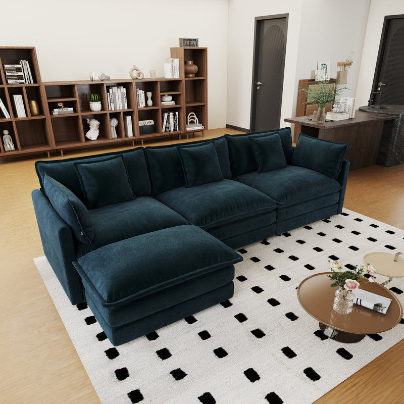 Ensemble de salon, canapé en L, canapé en chenille, 3 places, pour le salon, Chenille bleu