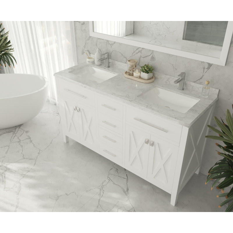 White Double Freestanding Bathroom Vanity with Towel Bar Handle