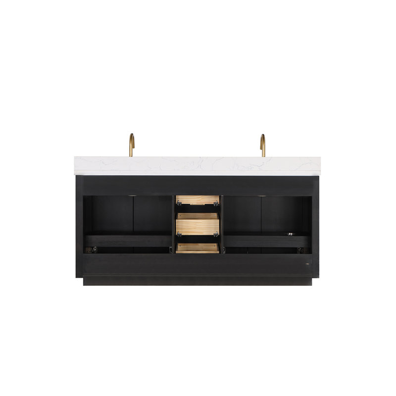 Adela 72'' Double Bathroom Vanity with Engineered Stone Top, Black, White, Gold