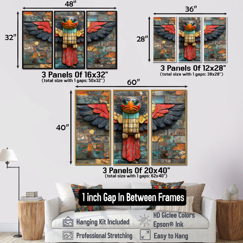 Red Thunderbird Native Totem IV - Art amérindien Totem, ensemble d'art mural, Toile argentée avec cadre flottant