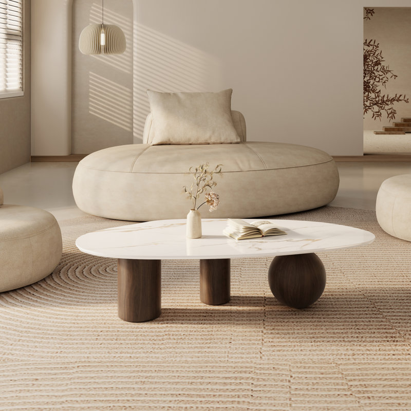 Laylla Modern 54" Coffee Table, Sintered Stone Table-top, 3 Stainless Steel legs, Free form, White/Brown
