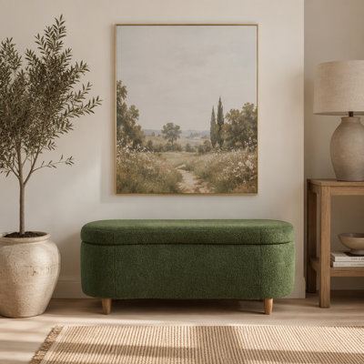 Banc de rangement à couvercle rabattable en boucle verte, revêtement doux et intérieur spacieux pour un mode de vie moderne et une organisation optimale.