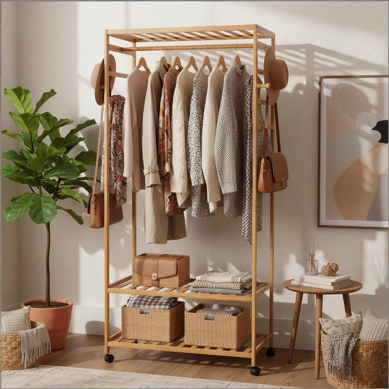 Liev 30.7'' Bamboo Rolling Clothing Rack, Natural