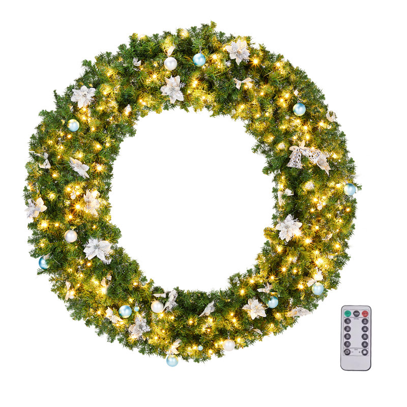 48'' Pre-Lit Christmas PVC Wreath With With Bells & Blue Silver Ornaments, 48" W x 48" H x 7" D