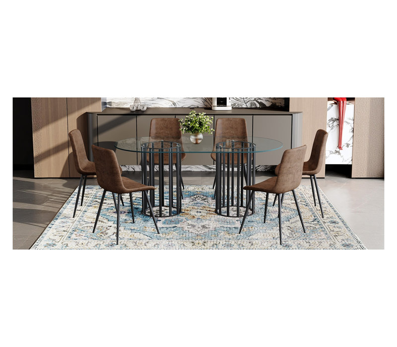 Ensemble de table de salle à manger 71 "ovale en verre avec 6 chaises en tissu brun - Mobilier de cuisine moderne, Brun