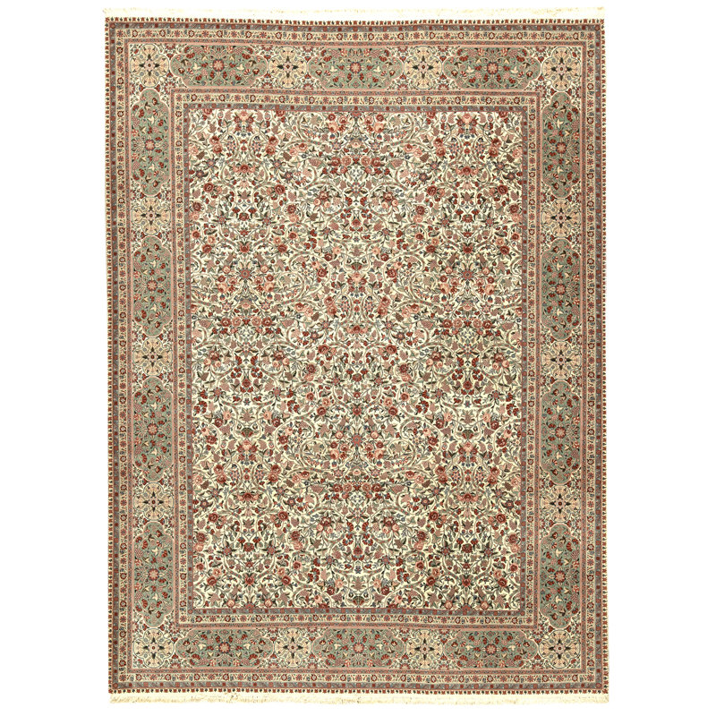 Tapis ivoire et vert noué à la main de haute qualité