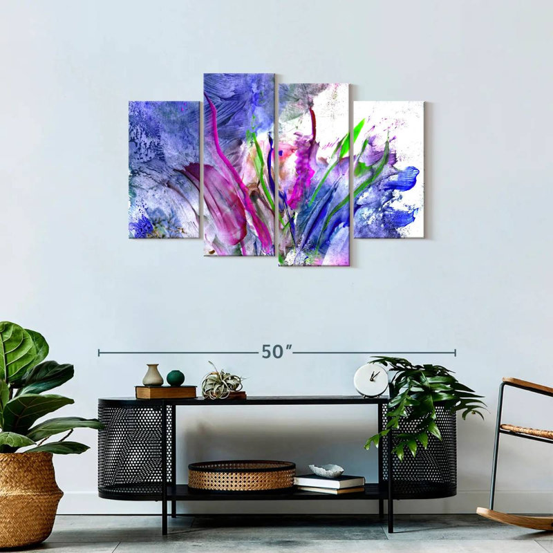 Ensemble de 4 fleurs abstraites sur toile, H 43 po x l 27 po x P 1,25 po