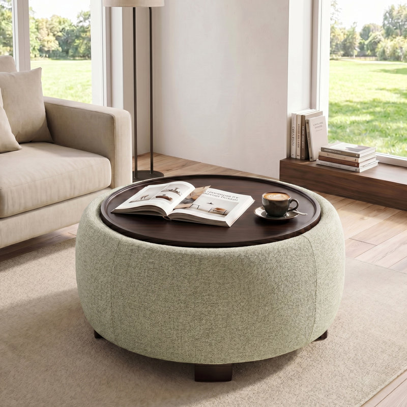 Round Storage Ottoman Cocktail Table, Chenille Seat, Solid Wood Legs, Orange