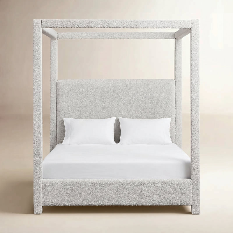 Upholstered Canopy Bed, King, Cream Boucle Fabric