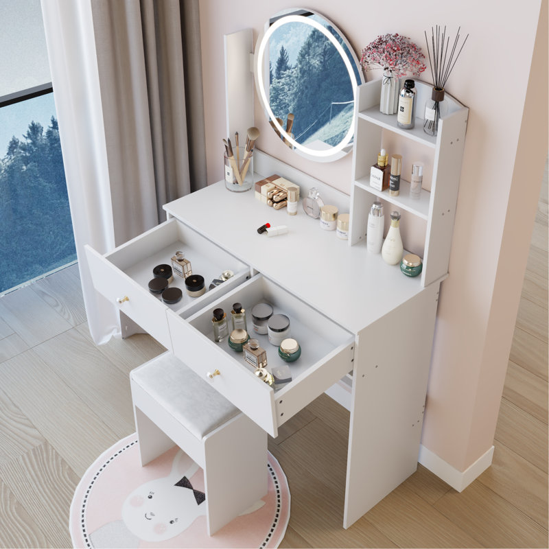 Ensemble de coiffeuse à miroir rond de 17 po à DEL avec ensemble de tabourets à coussin moelleux, grand miroir, interrupteur tactile, 3 couleurs, luminosité réglable, grand bureau, rangement multicouche de grande capacité, convient aux petits espaces