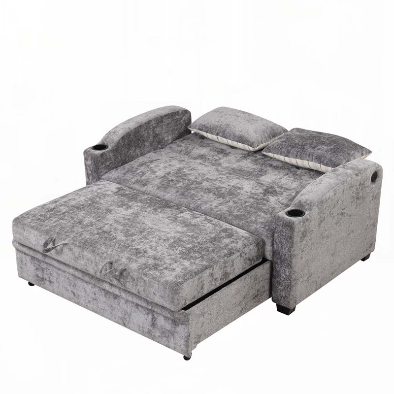 Causeuse convertible en chenille 61,6 po avec dossier réglable, 2 coussins, porte-gobelets, ports USB, Gris