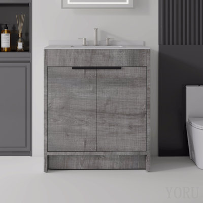 Meuble-lavabo autoportant de 76 cm avec lavabo, porte à fermeture amortie, comptoir et dosseret en marbre synthétique blanc de Carrare de 1,5 cm, contreplaqué gris