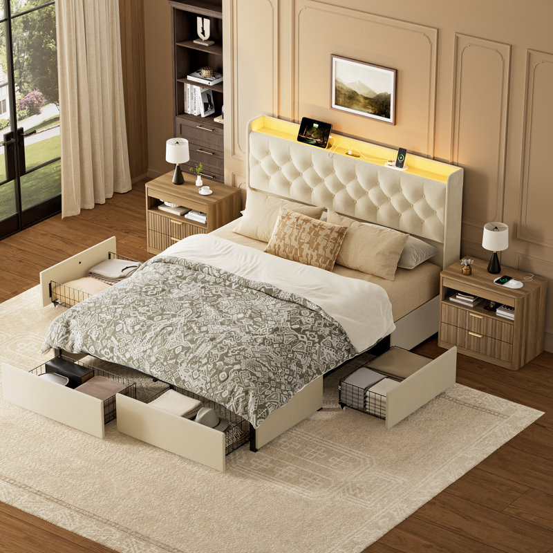 Ensemble de chambre à coucher 3 pièces, lit tapissier avec 4 tiroirs et 2 tables de chevet, Beige/Oak, Lit double