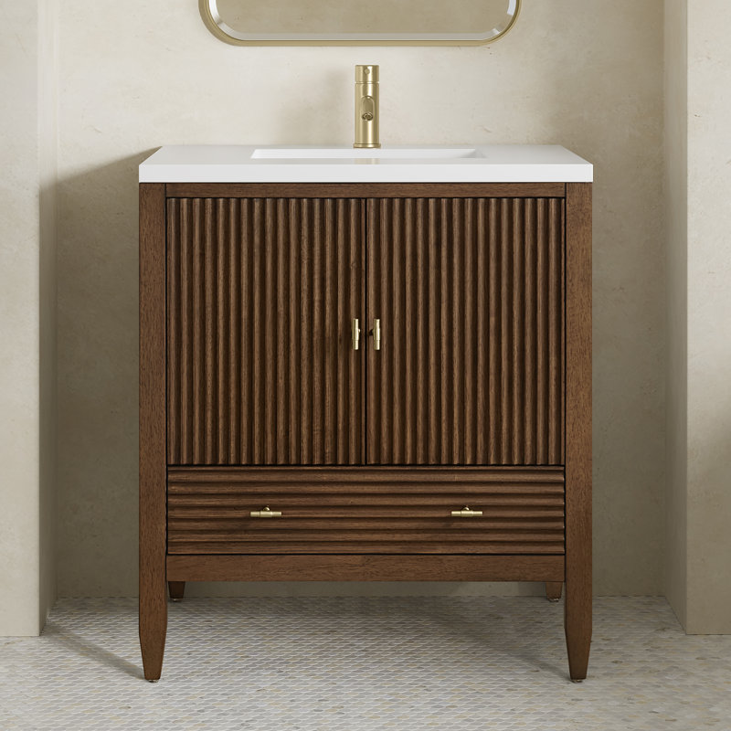 Myrrin 30" W Single Vanity, Single-Hole, White Zeus Silestone with Backsplash, Mid-Century Walnut