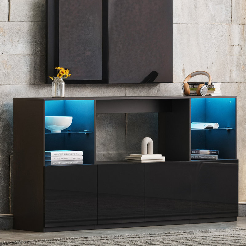 Meuble télé ultrabrillant avec lumières DEL, Noir