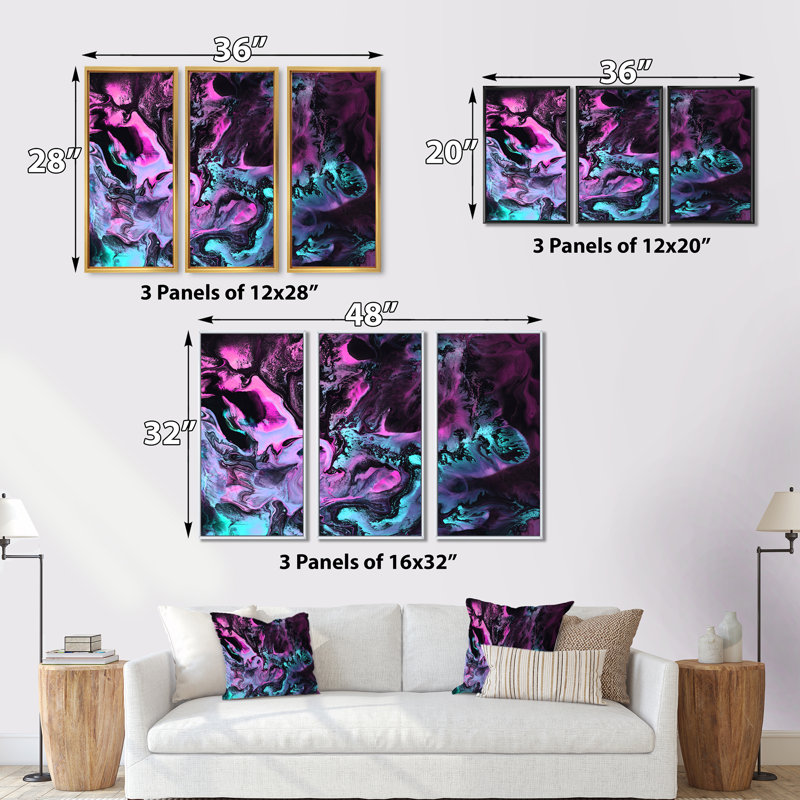 «Neon Green and Pink», ensemble de 3 peintures encadrées sur toile, Noir, noir, noir, noir, H 32 po x l 48 po x P 1 po