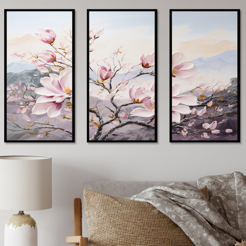 «Magnolias roses et fleurs II», ensemble d'art mural, H 28 po x l 36 po x P 1 po, Cadre flottant noir