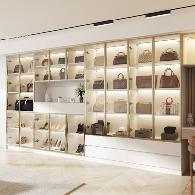 Walk-In Closet System With LED Glass Doors, Black Aluminum Frame, Push-Open