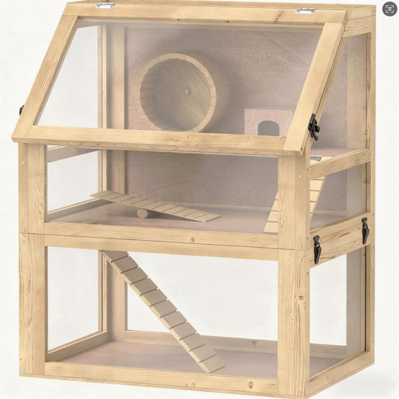 Cage à hamster en bois à 3 niveaux avec fond amovible
