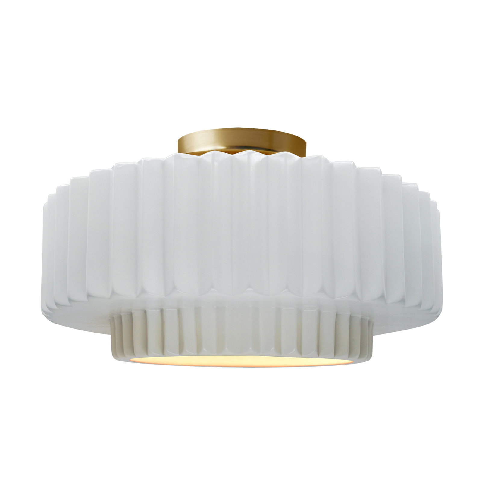 Single Light Ceramic LED Semi Flush Mount, 7.25" H x 14.5" W x 14.5" D, Brushed Brass, Gloss White/Gloss White