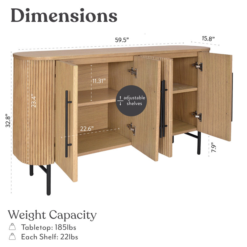 Penelope 59.1" Solid Wood Fluted Sideboard, Now Fully Assembled, Natural