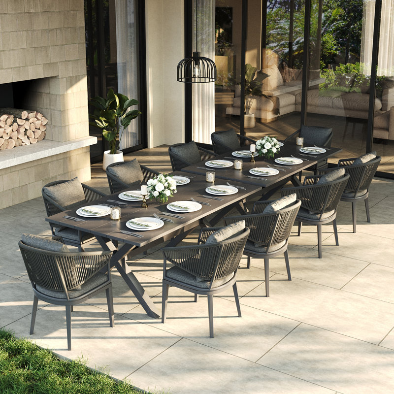 10 - Person Rectangular Outdoor Dining Set With Cushions, 12 Pcs: 2 Tables, 10 Chairs, Dark Gray Cushion/Gray Frame