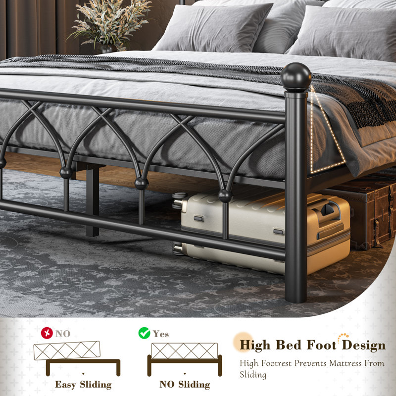 54"H Metal Bed Frame With Storage Headboard, Led Light And Power Outlets, Black, Queen